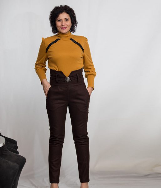 Pantalon dama cu talie inalta din stofa de lana maro 2 Lewo eb31396f